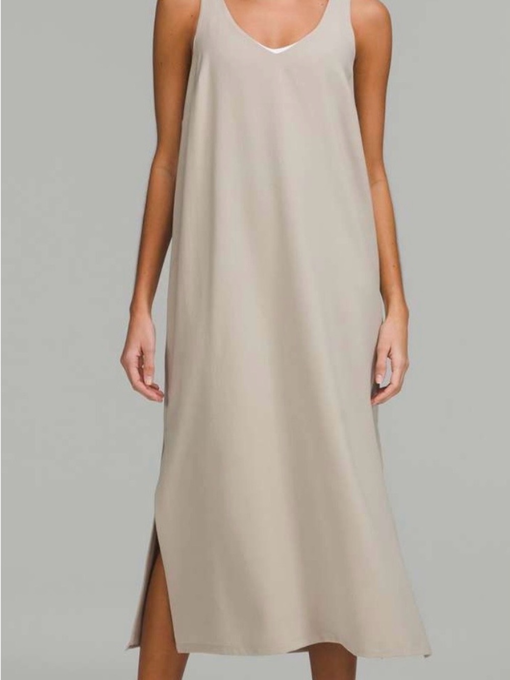 lululemon athletica Sleeveless V-Neck Midi Dress in Light Taupe.